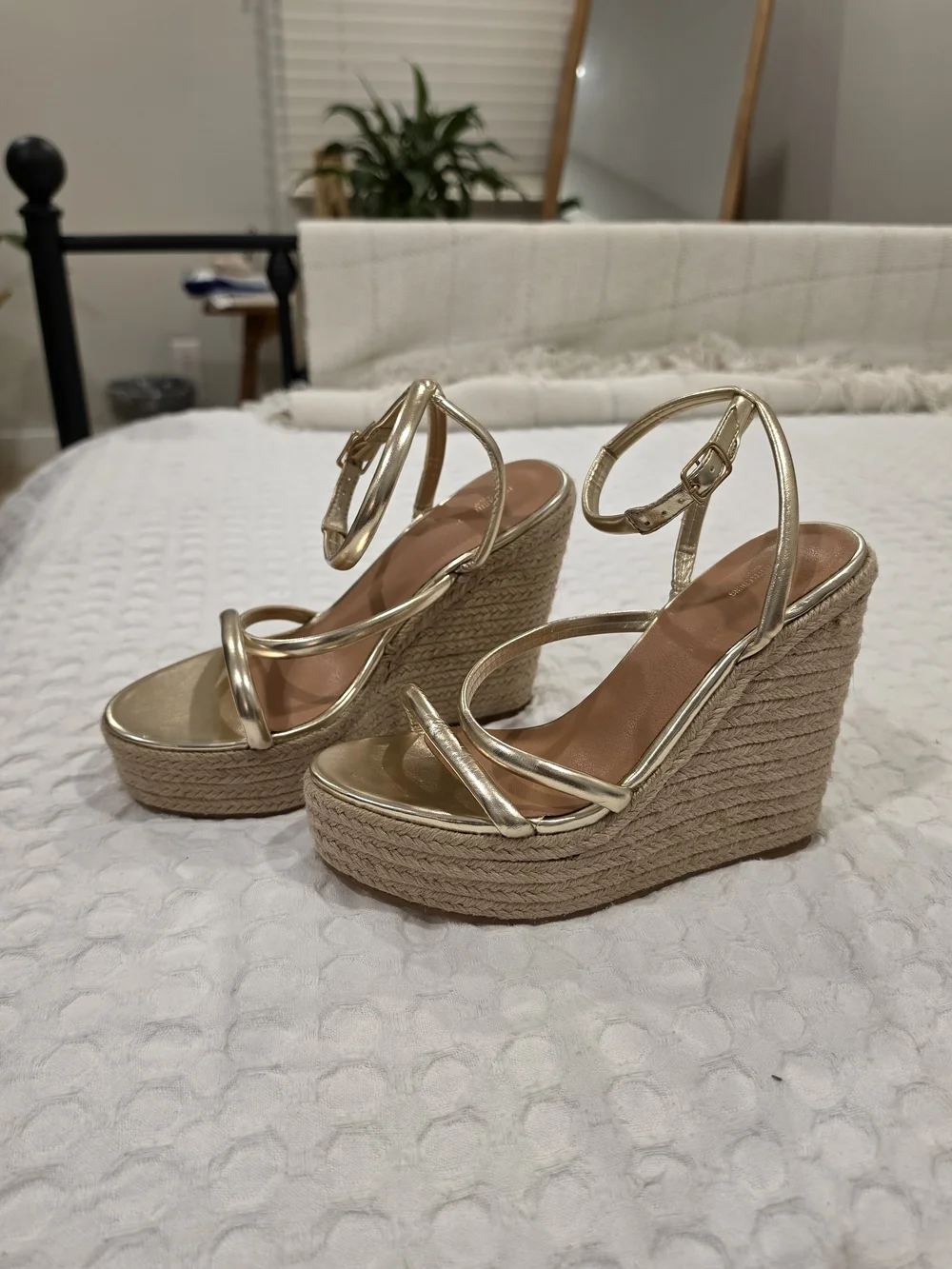 Gold Espadrille Wedge Sandals with Ankle Strap